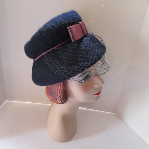 SALE  Vintage Hat  Bucket or Lampshade Style Navy Felt Burgundy Bow main image 8
